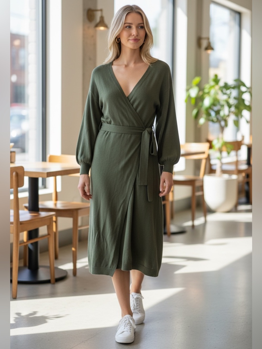 Mable Olive Green Wrap Sweater Dress With Long Puff Sleeve Midi Length Size M